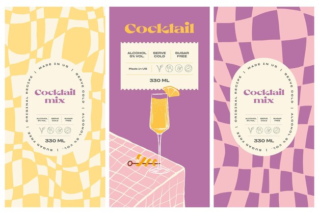 Vector hand drawn cocktail packaging label design template set for cafe or restaurant