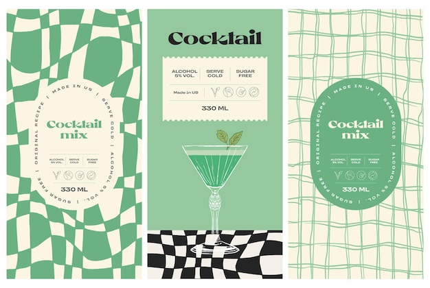 Vector hand drawn cocktail packaging label design template set for cafe or restaurant