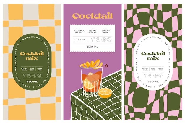 Vector hand drawn cocktail packaging label design template set for cafe or restaurant