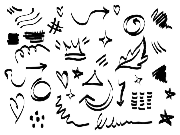 Vector hand drawn collection of design element curly swishes swoops swirl arrow heart love crown leaf star sun burst firework highlight text and emphasis element use for concept design