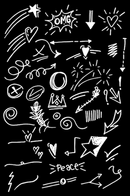 Vector hand drawn collection of design element curly swishes swoops swirl arrow heart love crown leaf star sun burst firework highlight text and emphasis element use for concept design