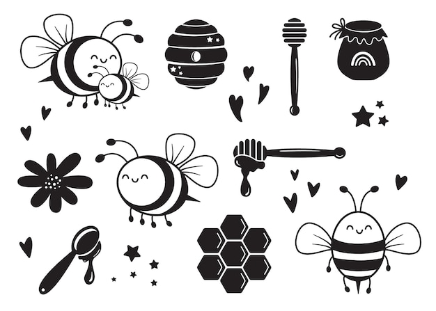 Vector hand drawn collection for nursery decoration with cute bee and honey