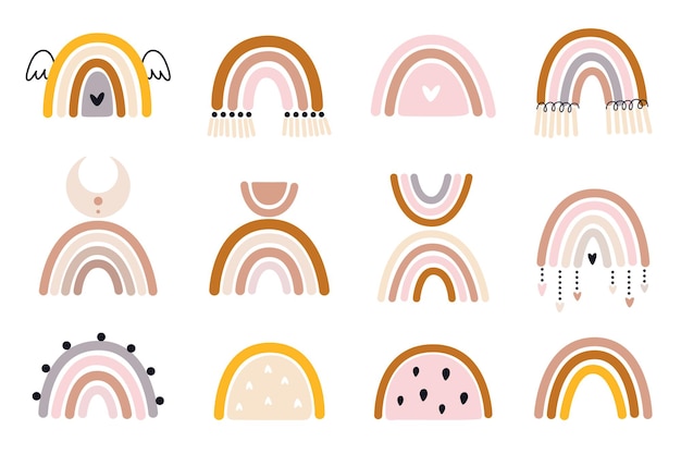 Vector hand drawn collection for nursery decoration with cute rainbows