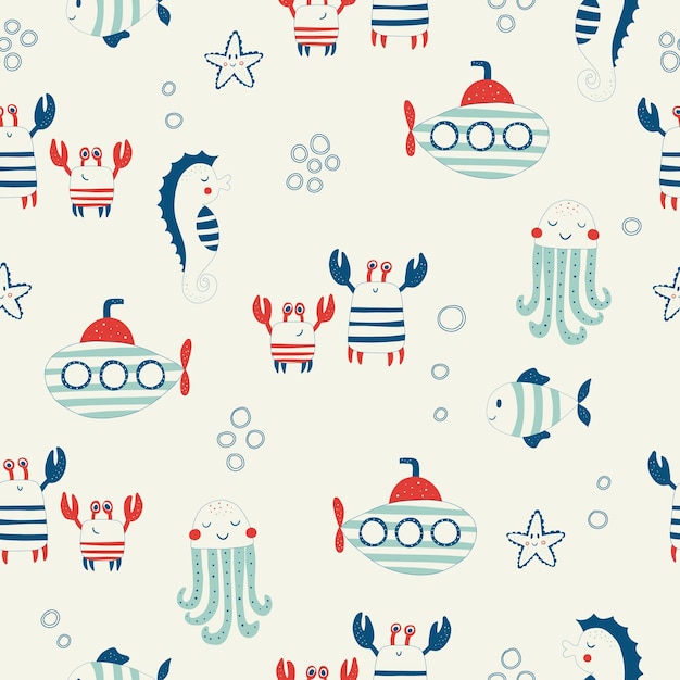 Vector hand drawn colored childish seamless repeat simple flat pattern with crabs and submarines in scandinavian style Cute baby animals Pattern for children with crabs