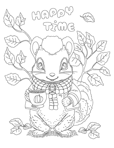 Vector hand drawn coloring page illustration for autumn celebration with cute squirrel character