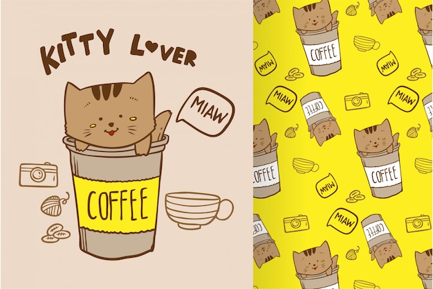 Vector hand drawn cute cat kitty coffee with pattern set
