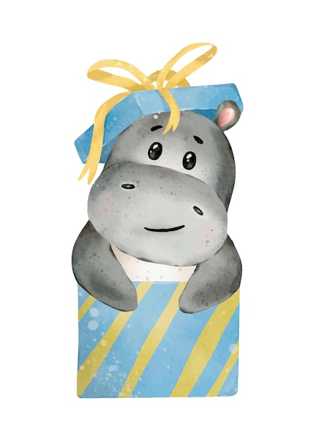 Vector vector hand drawn cute isolated watercolor hippo in present box