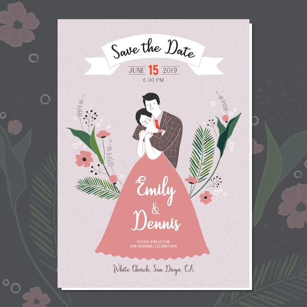 Vector of a hand drawn cute wedding couple for invitation card
