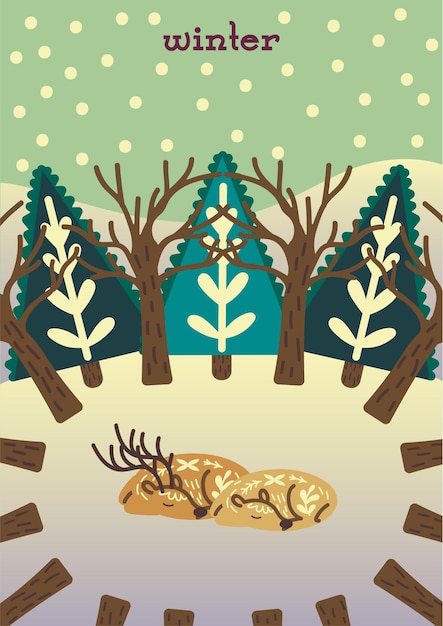 Vector hand drawn deer sleeping in winter forest folk illustration