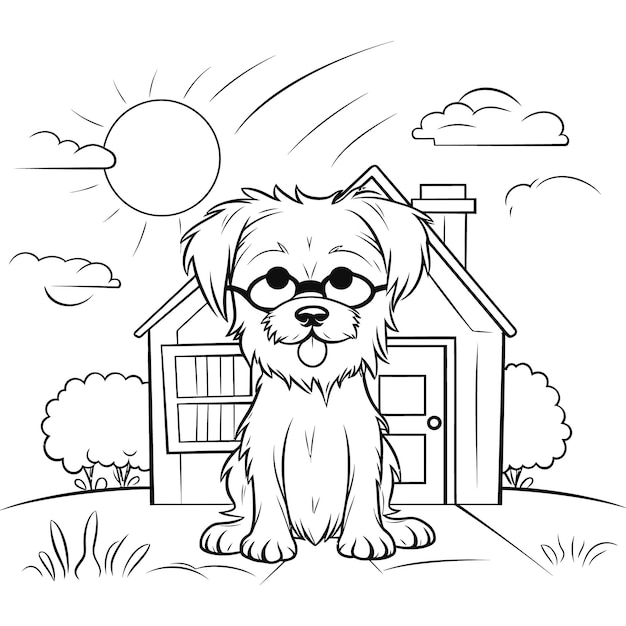 Illustrazione del contorno del cane disegnata a mano per il libro da colorare kdp