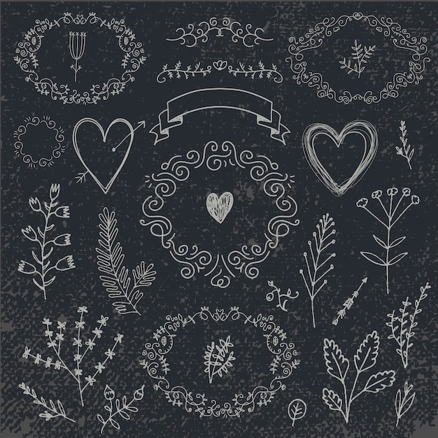 Vector hand drawn doodle romantic set. Linear illustration - flowers, wreaths, deviders, frames, leaves. Use for decoration, wedding invitations, birthday cards packaging etc