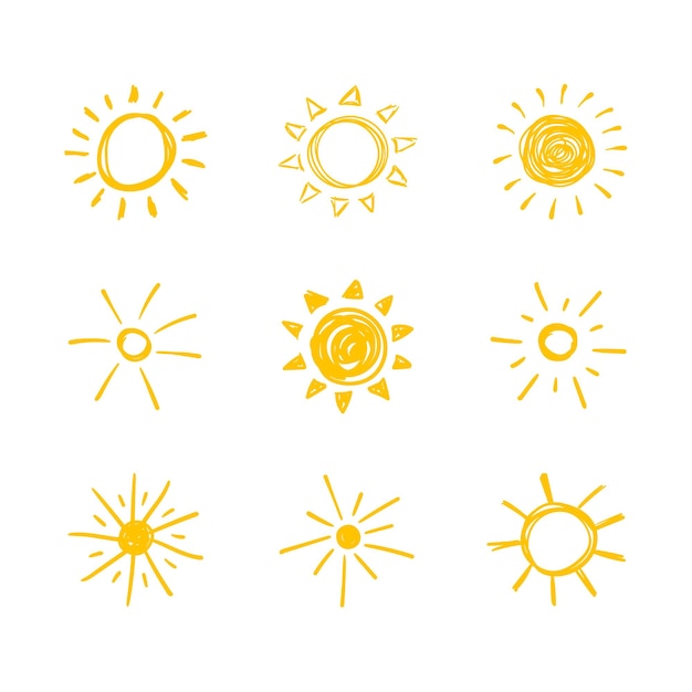 Векторные каракули, нарисованные вручную, ярко-желтое солнце на белом фоне