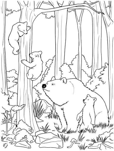 Vector hand drawn family of brown bears outline illustration