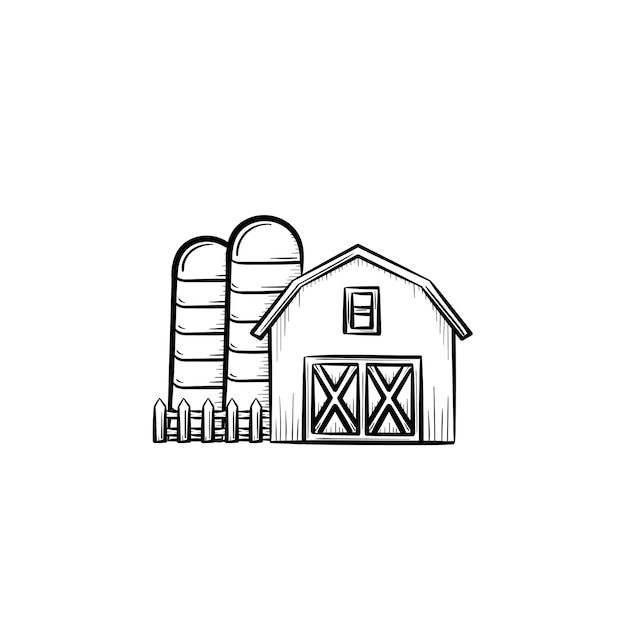 벡터 손으로 그린 농장 창 고 개요 낙서 아이콘입니다. 흰색 배경에 고립 된 인쇄, 웹, 모바일 및 Infographics에 대 한 농장 창고 스케치 그림.
