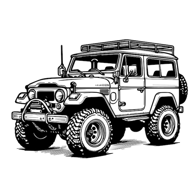 Vector hand drawn flat design outline of a 4x4 pickup truck