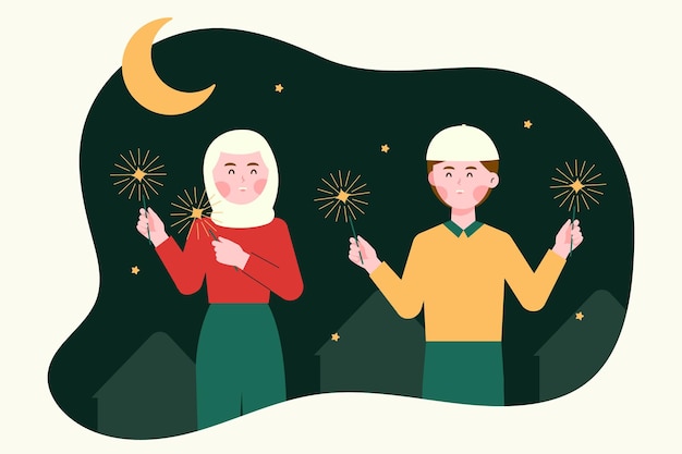 Vector vector hand drawn flat muslim celebrating together illustration