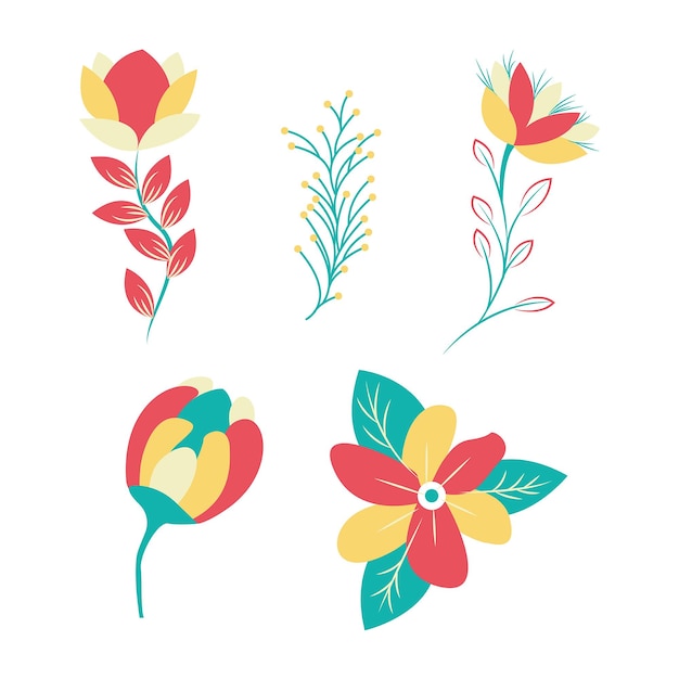 Vector hand drawn floral decorative elements, leaves, flowers, herbs and branches botanical doodles