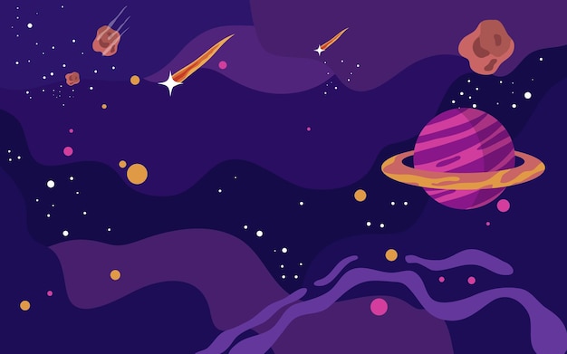 vector hand drawn galaxy background with planet star and asteroids