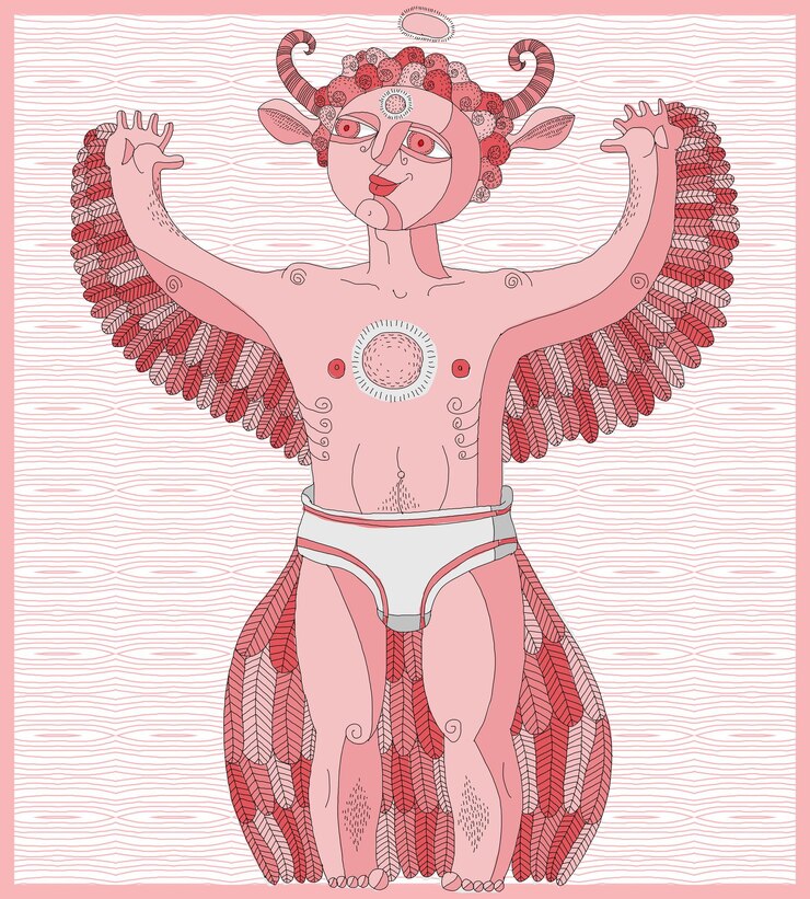 Vector vector hand drawn graphic illustration of weird creature, cartoon nude man with wings, animal side of human being. idol concept, art mythic allegory drawing.
