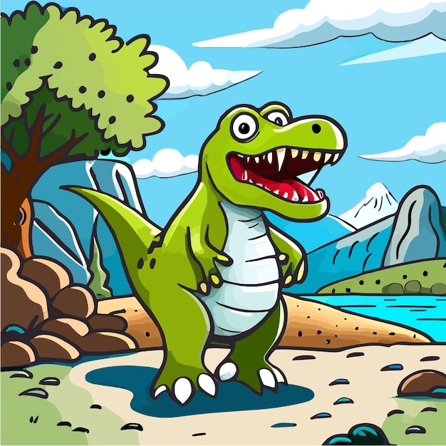 A vector hand drawn of a green dinosaur with a mountain in the background illustration