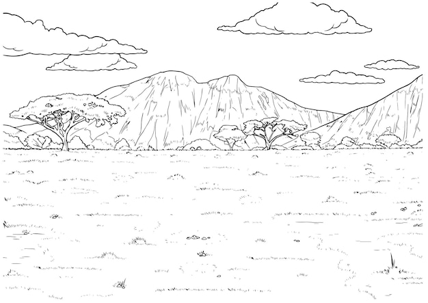 Vector hand drawn habitat savannah and mountains outline illustration