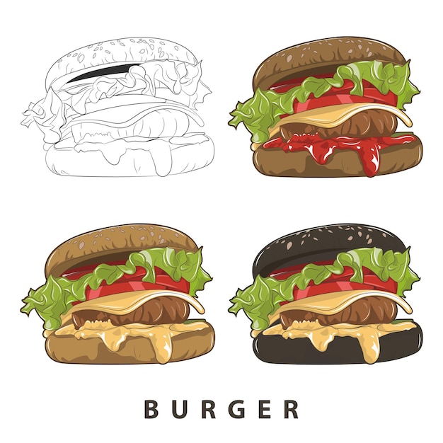 ベクトル手描きのハンバーガーファーストフードと白い背景で隔離の不健康な食品