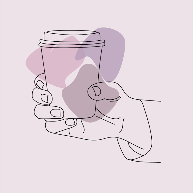 Vector hand drawn hand holding plastic cup coffee in line art