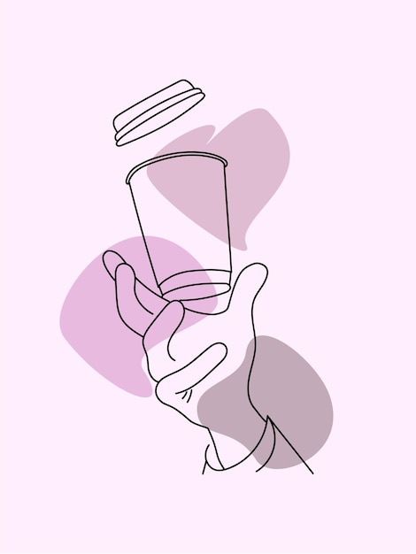 Vector hand drawn hand holding plastic cup coffee in line art