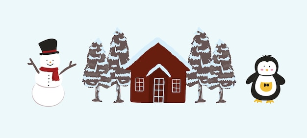 Vettore vettore casa disegnata a mano e albero coperto di neve invernale