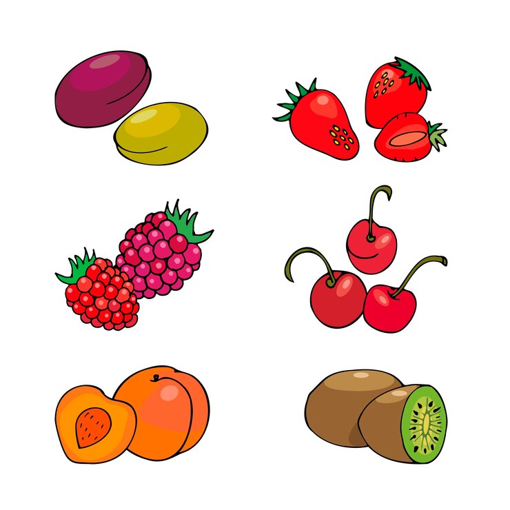 Vector カートゥーンスタイルのベクトルで手で描かれた色のベリーと果実のイラスト
