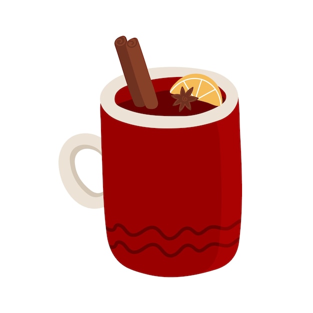 Vector hand drawn illustration of a cup with mulled wine, cinnamon and a slice of orange.