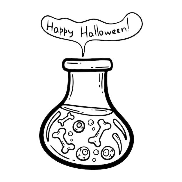 Illustrazione vettoriale disegnata a mano bulbi oculari e ossa in una fiaschetta con veleno decorazione di halloween vaso con veleno bottiglia di vetro