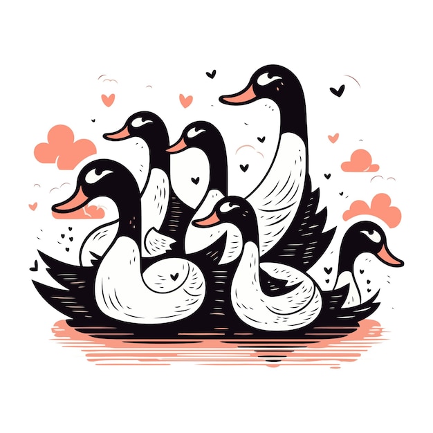 Vector hand drawn illustration of family of ducks in love Sketch for your design