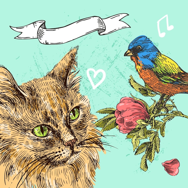 고양이 Boho 스타일 포스터의 벡터 손으로 그린 그림 머리 동물의 잉크 스케치 그리기