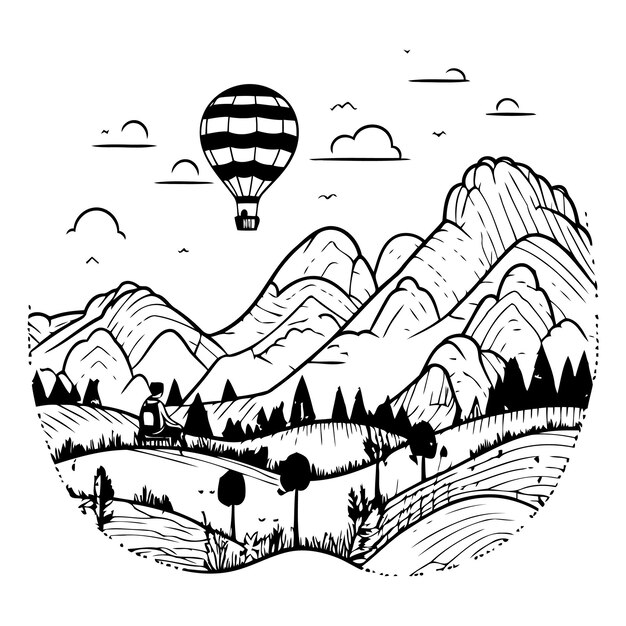 Vector vector hand drawn illustration of a mountain landscape with hot air balloon