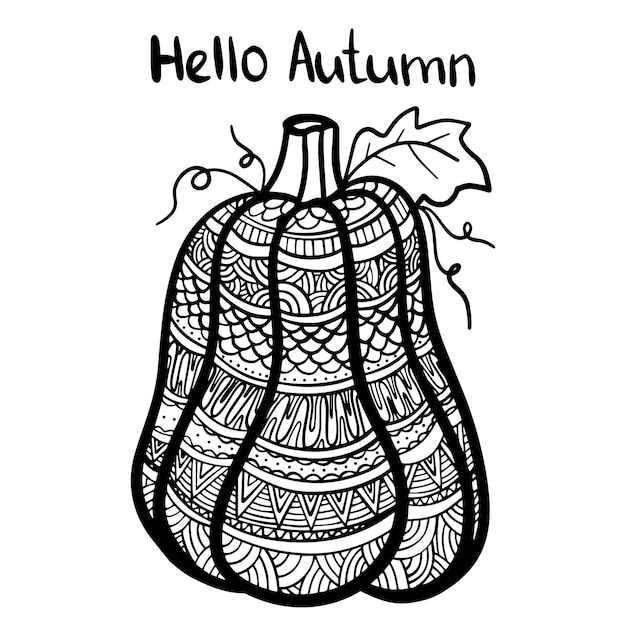 Vector hand drawn illustration of a pumpkin zen doodle and zen tangle autumn drawing with a pattern