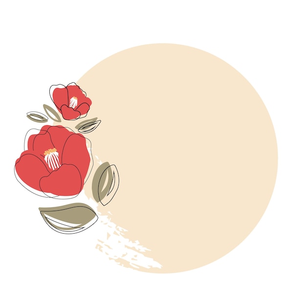 Vector hand drawn illustration of red Japanese Camellia with petals Space for the text in the circle