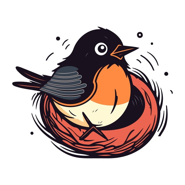 Vector hand drawn illustration of a robin sitting in a nest