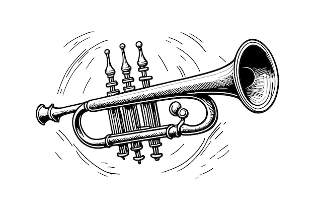 Vector hand drawn illustration of trumpet black and white isolated on white background