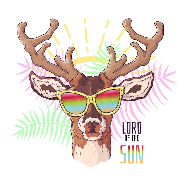 Vector vector hand drawn illustrations. portrait of cute realistic deer in glasses.