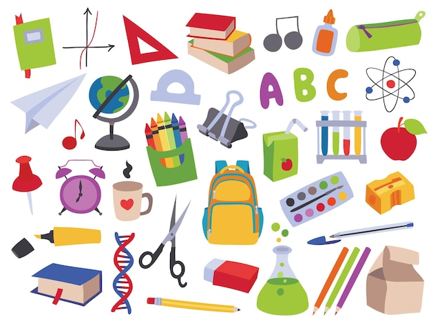 Vector hand drawn illustrations of school related objects and items, back to school themed.