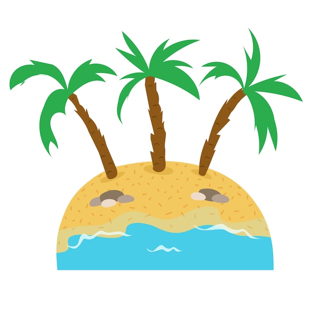 Vector hand-drawn island with sand, ocean waves and palm trees