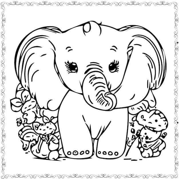 vector hand drawn kawaii cute elephant coloring book element