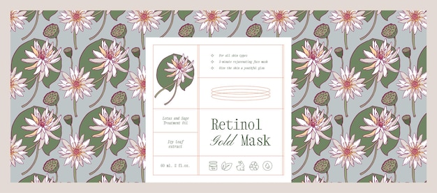 Vector hand drawn line art vector cosmetics label design template with botanical seamless pattern