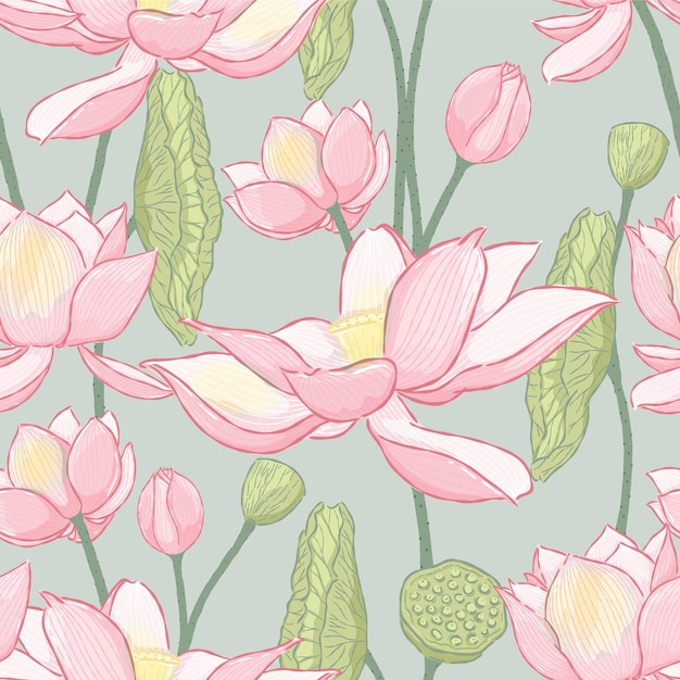 Vector hand drawn lotus flower seamless pattern