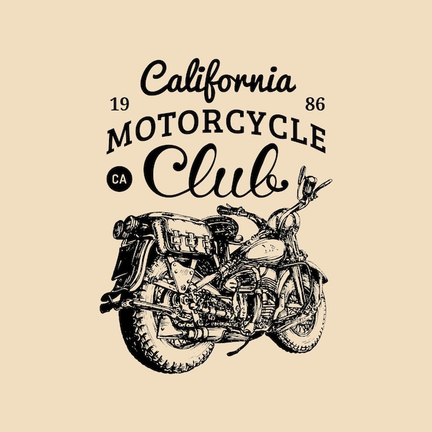 Logo del club motociclistico disegnato a mano vettoriale illustrazione retrò dettagliata della bici in stile inchiostro per la stampa della maglietta dell'etichetta del garage personalizzata del negozio dell'azienda chopper ecc