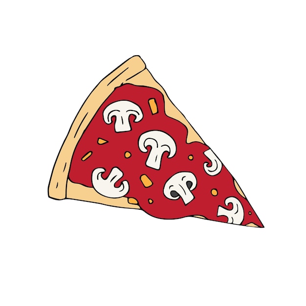 Векторный рисованный вручную кусочек пиццы с грибами на белом фоне