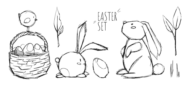 Vector vector hand drawn outline easter elements set