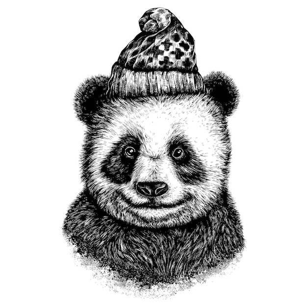 Ritratto disegnato a mano vettoriale di panda sorridente in caldo cappello lavorato a maglia illustrazione dell'inchiostro nero