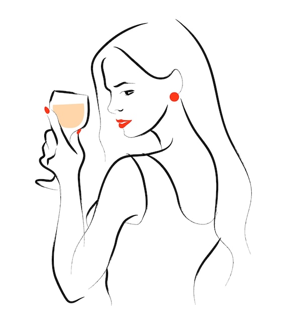 Ritratto disegnato a mano di vettore di giovane bella signora che tiene bicchiere di vino isolato su priorità bassa bianca. stile minimale di schizzo disegnato a mano. concetto per la festa notturna delle donne, bar, happy cocktail hour.